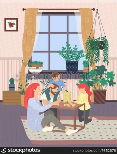 Family playing jenga game vector, mother and father with kids, children and parents. Window with curtains, houseplants decor of home, interior style. Jenga Family Game Night Room Interior Decor Vector