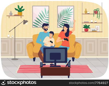 Family playing video games. Mom dad and son gaming with gamepad controller, holding joystick in hands spend time together at home. People siting on sofa in front of monitor and playing computer game. Friendly family playing video games at home together. Mom dad and son gaming with gamepad controller
