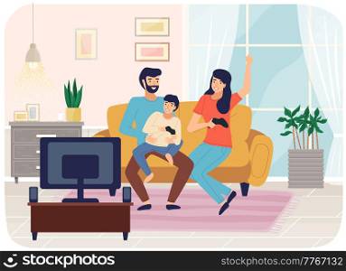 Family playing video games. Mom dad and son gaming with gamepad controller, holding joystick in hands spend time together at home. People siting on sofa in front of monitor and playing computer game. Family playing video games. Mom dad and son gaming with gamepad controller holding joystick in hands