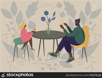 Family portrait father, mother, daughter, son. Parents having cup of tea in cafe with table with their children. Flat modern vector illustration design. Love, tenderness concept. Floral background