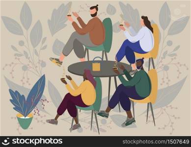 Family portrait father, mother, daughter, son. Parents having cup of tea in cafe with table with their children. Flat modern vector illustration design. Love, tenderness concept. Floral background