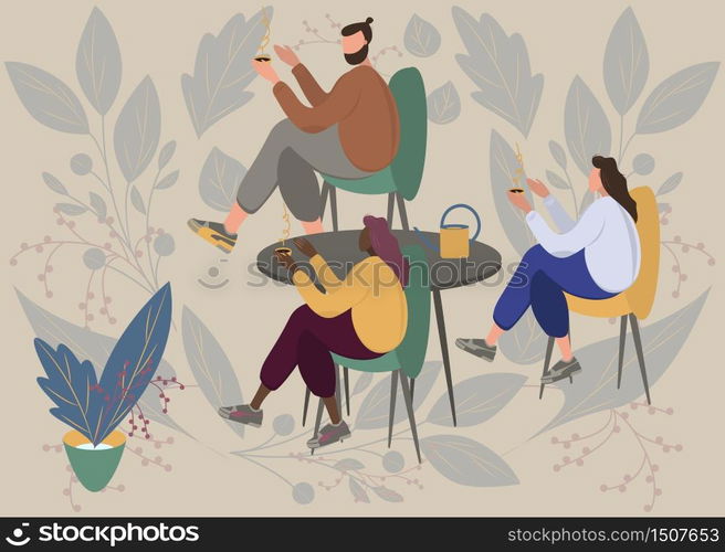 Family portrait father, mother, daughter, son. Parents having cup of tea in cafe with table with their children. Flat modern vector illustration design. Love, tenderness concept. Floral background