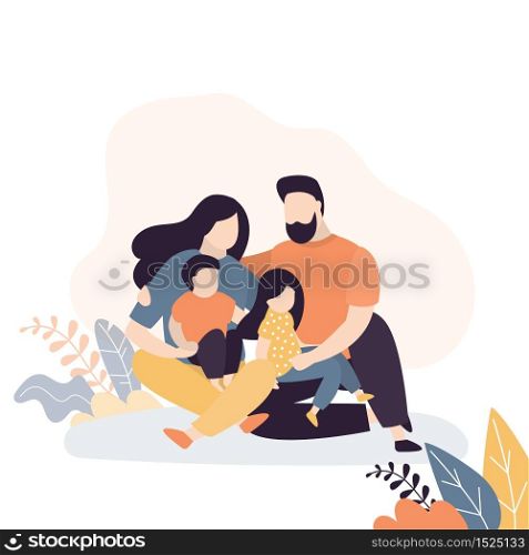 Family portrait. Happy parents with children. Four cute people sitting. Mother,father and two kids. Trendy style vector illustration