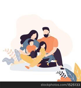Family portrait. Happy parents with children. Four cute people sitting. Mother,father and two kids. Trendy style vector illustration
