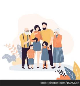 Family portrait. Happy parents with children. Grandparents, Mother,father and three kids. Cute huge family. Trendy style vector illustration