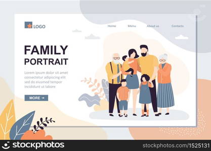 Family portrait landing page template. Happy parents with children. Grandparents, Mother,father and three kids. Cute huge family. Trendy style vector illustration