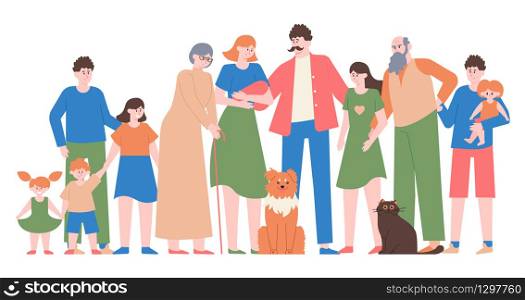 Family portrait. Mom, dad, teenage daughter and son, happy family with children, different generations characters vector isolated illustration. Dad and mom, son and daughter, love people family. Family portrait. Mom, dad, teenage daughter and son, happy family with children, different generations characters vector isolated illustration