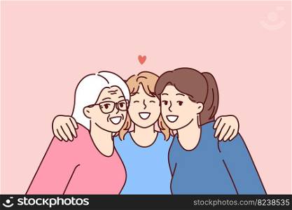 Family portrait of three female generations with teenage girl lovingly hugging mother and grandmother. Happy women of different generations spend time together enjoying family vacation. Family portrait three female generations with teenage girl lovingly hugging mother and grandmother