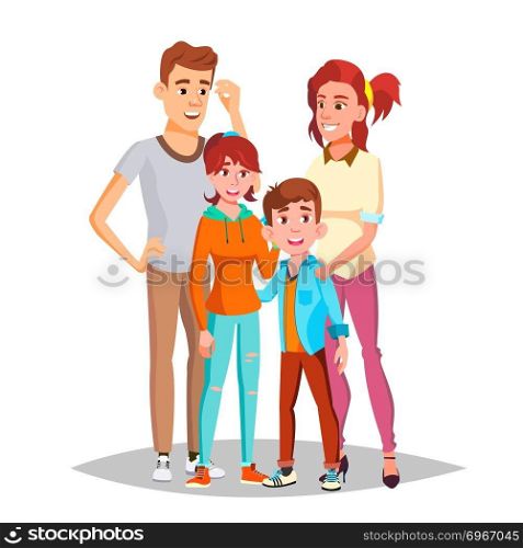 Family Portrait Vector. Dad, Mother, Kids. In Santa Hats. Cheerful. Greeting, Postcard Colorful Design Isolated Cartoon Illustration. Family Portrait Vector. Parents, Children. Happy. Poster, Advertising Template. Isolated Cartoon Illustration