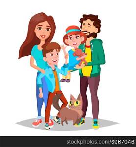 Family Portrait Vector. Parents, Children. Happy. Poster Advertising Template Isolated Cartoon Illustration. Family Vector. Dad, Mother, Kids. Happy. Portrait. Banner, Flyer, Brochure Design. Isolated Cartoon Illustration