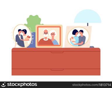 Family portraits in frames. Couple, children photo on desk, cute relatives picture gallery. Home decor, parents history vector illustration. Portrait family frame, photo father and mother. Family portraits in frames. Couple, children photo on desk, cute relatives picture gallery. Home decor, parents history vector illustration
