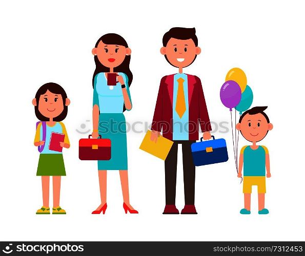 Family poster with kids, banner parents standing with bags and children holding books and backpack, balloons in hand, isolated on vector illustration. Family Poster with Happy Kids Vector Illustration