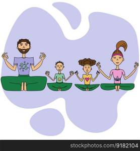 Family practicing yoga together, parents and children in lotus position, cartoon vector illustration of people doing meditation 