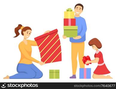 Family preparation for Christmas holiday together. Mother sitting with daughter and making colorful gift, man standing with present. People wrapping box with ribbon and bow, Xmas celebration vector. People Preparation for Christmas Holiday Vector