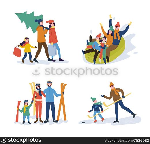 Family preparation for winter holidays, parents and children playing hokey and skiing and going tubing for hill, set of illustration isolated on white. Winter Activity Parents and Kids Vector Isolated