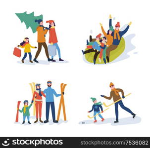 Family preparation for winter holidays, parents and children playing hokey and skiing and going tubing for hill, set of illustration isolated on white. Winter Activity Parents and Kids Vector Isolated