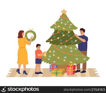 Family prepare Christmas. Child decorate tree, father and mother with xmas wreath. Parents with son, cozy home winter holidays vector. Illustration of family holiday christmas, characters preparation. Family prepare Christmas. Child decorate tree, father and mother with xmas wreath. Parents with son, cozy home winter holidays vector scene