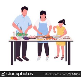 Family preparing dinner together table semi flat color vector characters. standing figures. Full body person on white. Cooking simple cartoon style illustration for web graphic design and animation. Family preparing dinner together table semi flat color vector characters