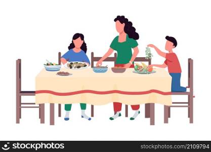 Family preparing feast semi flat color vector characters. Interacting figures. People on white. Serving food on table isolated modern cartoon style illustration for graphic design and animation. Family preparing feast semi flat color vector characters