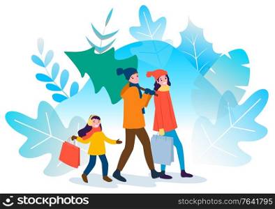 Family preparing for christmas and new year celebration vector. Father carrying bought pine tree, woman with bags and daughter with package. Shopping for winter holidays. Flat style characters. Christmas Shopping of Family Holidays Preparation