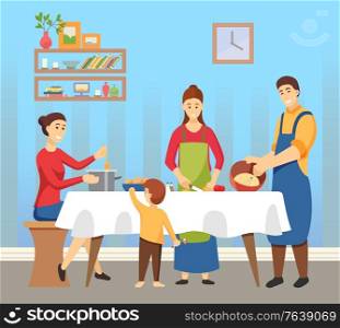 Family preparing for winter holidays vector. Father and mother with kids making meals and dishes at home. Homemade food for Christmas and new year celebration. Interior of room with shelves and clock. People Cooking Dishes Family Preparing for Holiday
