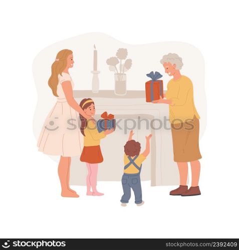 Family presents isolated cartoon vector illustration Grandma giving sweets to a child, casual family visit, sharing small presents, spending weekend together, loving relation vector cartoon.. Family presents isolated cartoon vector illustration