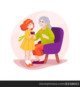 Family presents isolated cartoon vector illustration. Grandma giving sweets to a child, casual family visit, sharing small presents, spending weekend together, loving relation vector cartoon.. Family presents isolated cartoon vector illustration.