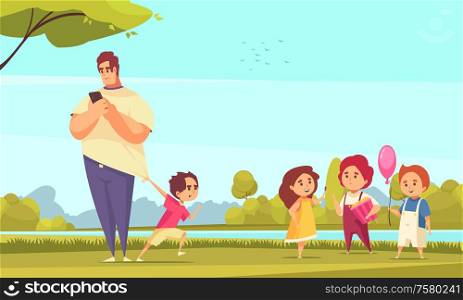 Family problem carton vector illustration with father looking in smartphone and kid dragging his for walk