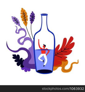 Family problem, man drowning in bottle with alcoholic drink vector. Alcoholism and conflicts on basis of drinking addiction. Male asking to help him, drunkard with leaves and foliage decoration. Family problem, man drowning in bottle with alcoholic drink