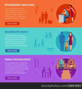 Family Problems Banners. Flat horizontal banners set illustrating psychological causes of family problems vector illustration