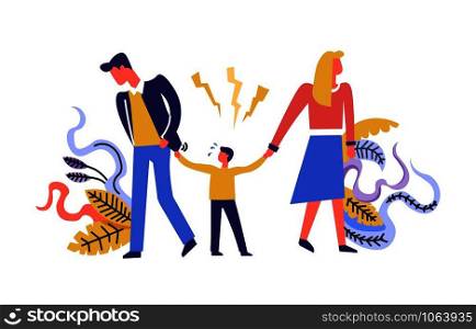 Family problems father and mother with child walking in different sides vector divorce of unhappy couple split and break up kid suffering from crisis of parents flowers and foliage decoration. Family problems father and mother with child walking in sides