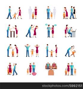 Family Problems Icons. Flat color icons set depicting family problems of parents and children isolated vector illustration