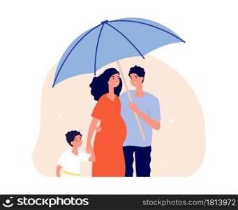 Family protection concept. Man holding umbrella under pregnant wife and son. Happy parents and child. Life insurance, social protect metaphor vector illustration. Family protection and medical safety. Family protection concept. Man holding umbrella under pregnant wife and son. Happy parents, adults and child. Life insurance, social protect metaphor vector illustration