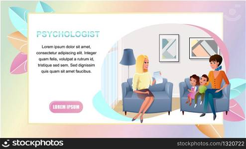 Family Psychologist Practice Cartoon Vector Horizontal Web Banner with Happy Young Mother Sitting in Armchair, Visiting Doctors Office with Kids Illustration. Children Upbringing Online Consultation