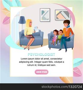 Family Psychologist Practice Online Consultation Cartoon Vector Square Web Banner. Mother Sitting in Armchair, Visiting Doctors Office with Kids Illustration. Children Upbringing Service Landing Page