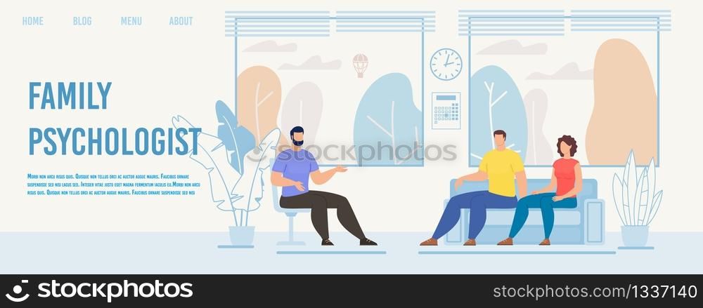 Family Psychologist Practice, Relations Therapy Course Trendy Flat Vector Web Banner, Landing Page Template. Couple Visiting Psychotherapy Counseling, Wife and Husband Talking with Doctor Illustration