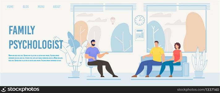 Family Psychologist Practice, Relations Therapy Course Trendy Flat Vector Web Banner, Landing Page Template. Couple Visiting Psychotherapy Counseling, Wife and Husband Talking with Doctor Illustration