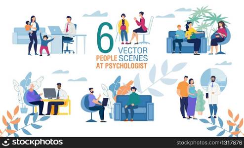 Family Psychologist Work Trendy Flat Vector Scenes Set. Female, Male Psychologists Counseling Patients, Psychotherapist Talking with Couple, Helping Parents, People Visiting Therapist Illustration