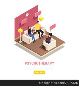 Family psychotherapy child psychological problems treatment isometric website design with counselor parents speech bubbles exchange vector illustration