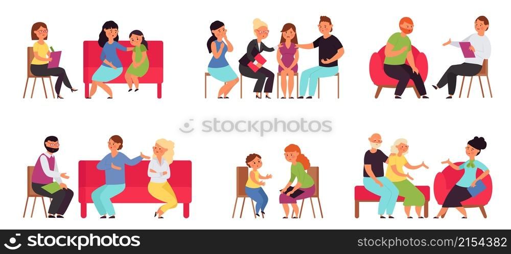 Family psychotherapy. People on psychologist, senior and young couple therapy consulting. Mental health, female support group decent vector set. Illustration of psychologist psychotherapy. Family psychotherapy. People on psychologist, senior and young couple therapy consulting. Mental health, female support group decent vector set