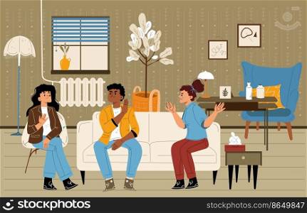 Family psychotherapy, psychologist speaking with couple in conflict and bad relation. Young husband and wife sitting on couch at doctor cabinet talk and crying, Cartoon linear flat vector illustration. Family psychotherapy, psychologist and couple