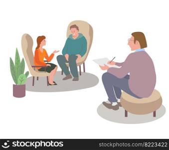 Family psychotherapy session. Conversation with a psychologist.. Family psychotherapy session. Conversation with a psychologist. Men and women talking to doctor about relationships problems