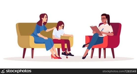 Family psychotherapy session semi flat RGB color vector illustration. Mother and daughter relationship. Talk therapy. Transitional age. Psychology consultation. Isolated cartoon character on white