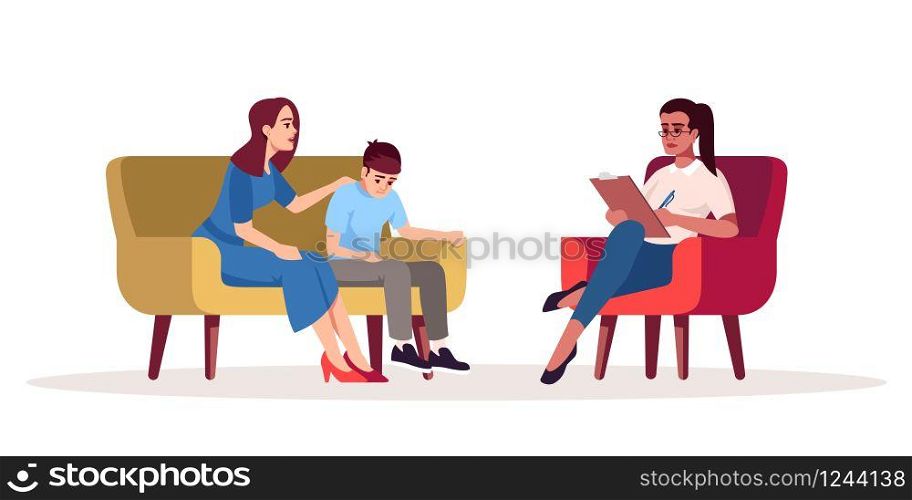 Family psychotherapy session semi flat RGB color vector illustration. Mother and son relationship. Family problems. Transitional age. Psychology consultation. Isolated cartoon character on white