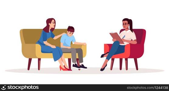 Family psychotherapy session semi flat RGB color vector illustration. Mother and son relationship. Family problems. Transitional age. Psychology consultation. Isolated cartoon character on white