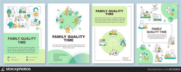 Family quality time green brochure template. Family relationship. Leaflet design with linear icons. 4 vector layouts for presentation, annual reports. Arial-Black, Myriad Pro-Regular fonts used. Family quality time green brochure template