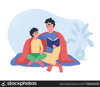 Family reading 2D vector isolated illustration. Cozy home. Parent under blanket with book. Father and son flat characters on cartoon background. Spending quality time together colourful scene. Family reading 2D vector isolated illustration