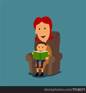 Family reading or story time concept design. Cartoon mother reading to little son a book with fairytale stories. Mother and son reading book in armchair