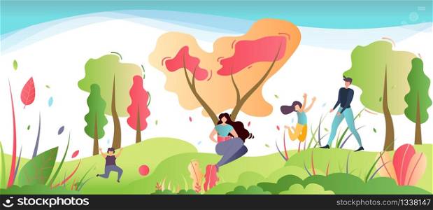 Family Recreation on Nature Cartoon Illustration. Outdoor Games, Rest and Relax. Mother Sits under Tree Reading Book. Father and Daughter Having Fun, Son Playing Ball. Vector Flat Illustration. Family Recreation on Nature Cartoon Illustration