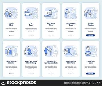 Family relations management light blue onboarding mobile app screen set. Walkthrough 5 steps graphic instructions pages with linear concepts. UI, UX, GUI template. Myriad Pro-Bold, Regular fonts used. Family relations management light blue onboarding mobile app screen set